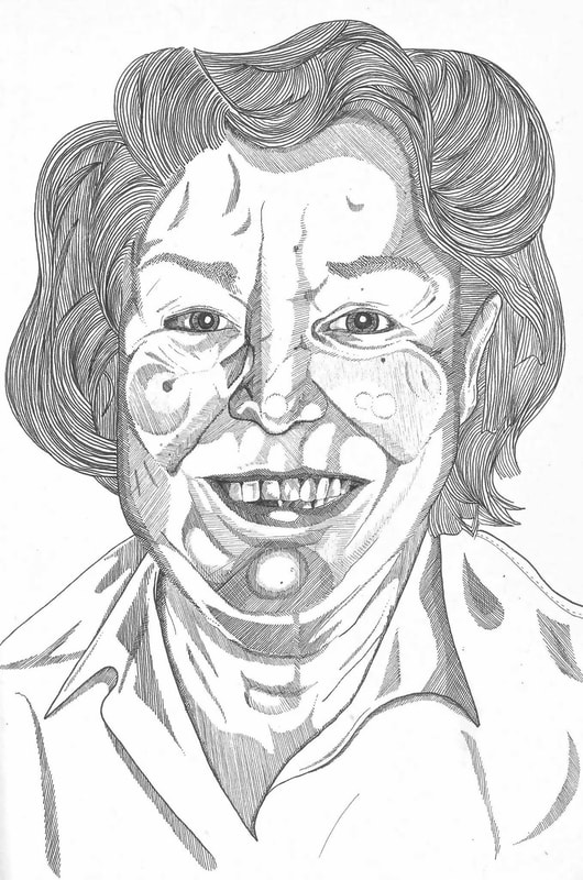 Line drawing of an older woman smiling directly at the viewer. The drawing uses fine lines and various mark making to build up texture and tone.