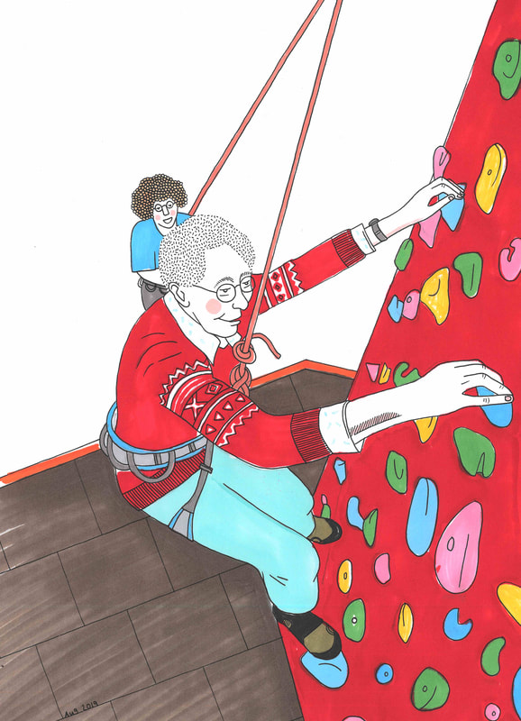 Drawing in fine liner pens and pro-marker colour pens of an elderly lady climbing at an indoor climbing wall while wearing a red Christmas jumper and being belayed by another woman.
