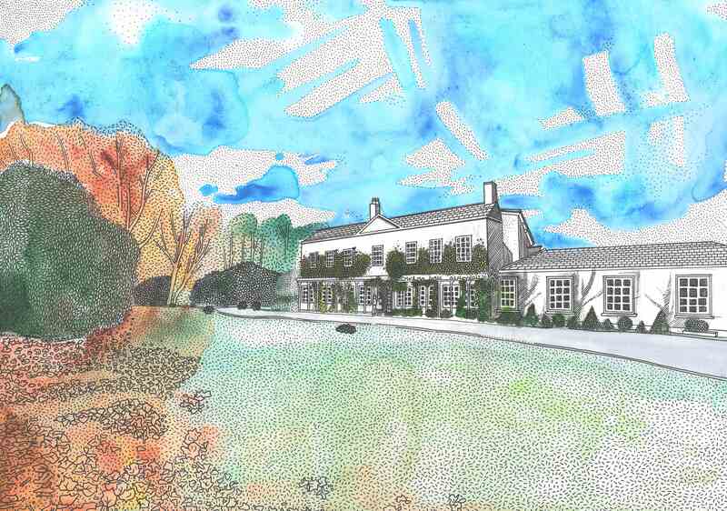 Watercolour painting in blues, greens and oranges of a white country manor house with ivy growing up the walls beside a large lawn and autumnal trees whose leaves have begun falling on the grass. Details picked out in fine pen.