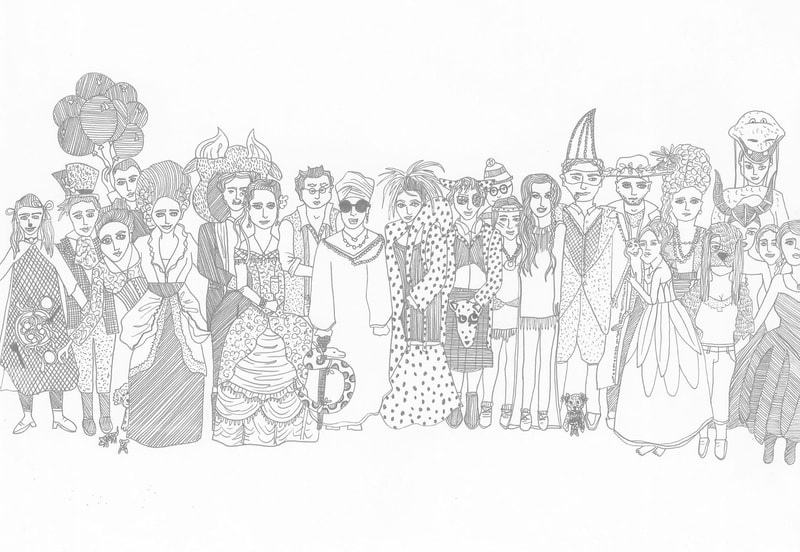 Line drawing of a row of people all in different Disney fancy dress costumes.
