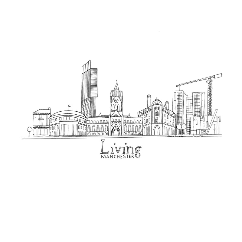 Line drawing of a Manchester sky line including round library, town hall, Betham tower, the horsfall and a crane. With the logo for the Italian magazine 'Living' beneath it.