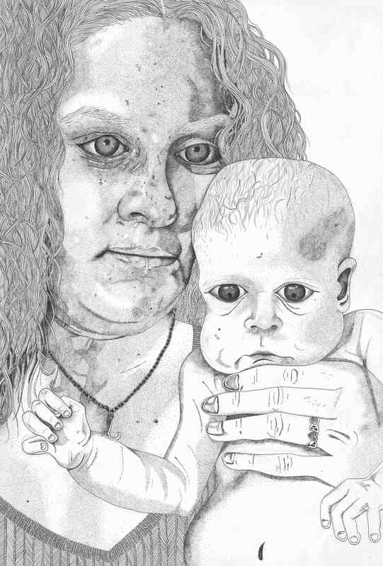 Line and pointilist drawing of a tired woman holding up a newly born baby. The drawing uses fine lines and various mark making to build up texture and tone.