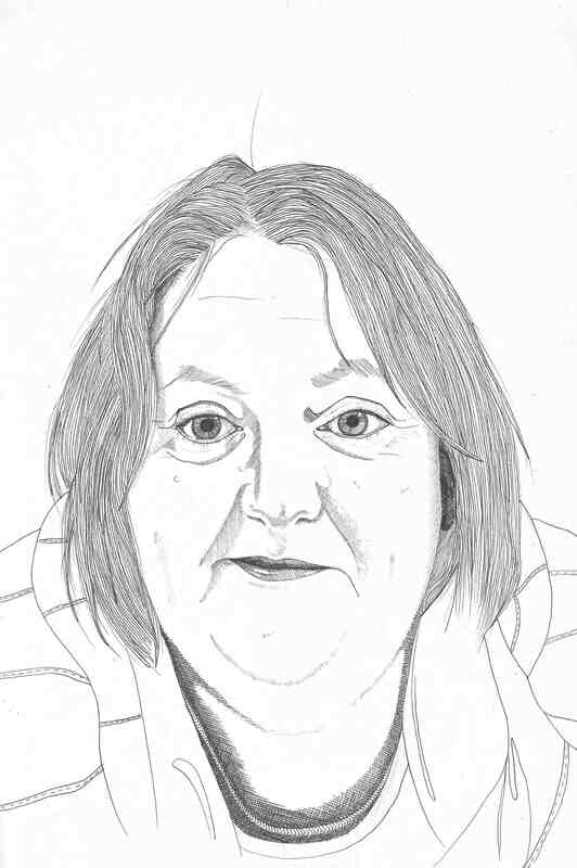 Line drawing of a middle aged woman with big eyes smiling cheekily directly at the viewer. The drawing uses fine lines and various mark making to build up texture and tone.