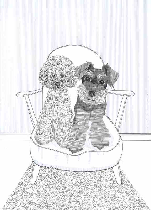Two dogs sat upright beside each other on a modern arm chair. One on the left is a white toy poodle with fluffy teddy bear style fur. The one on the right is a black and white terrier breed with a big button nose, fluffy feet and floppy ears. The drawing uses fine lines and various mark making to build up texture and tone alongside pro marker pens to highlight colour.