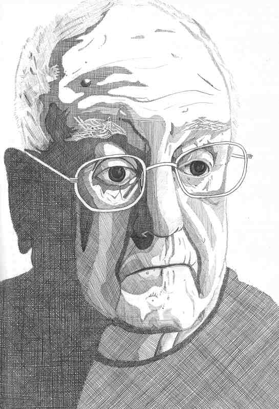 Line drawing of an elderly man with big dark eyes, wearing glasses and  pensive expression, looking away from the viewer. The drawing uses fine lines and various mark making to build up texture and tone.