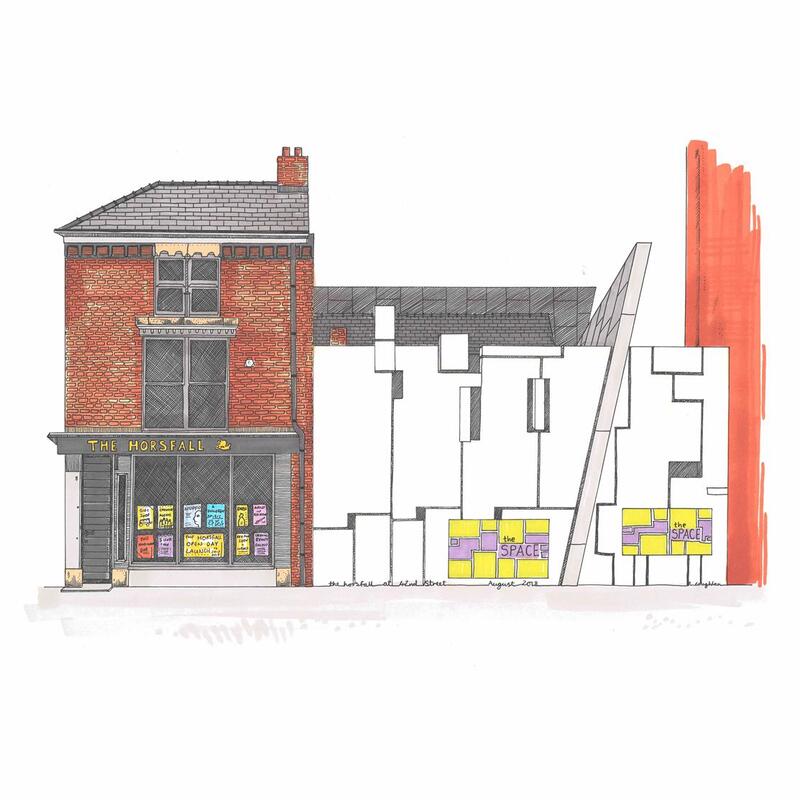 Line and colour drawing of a white modern building called 42nd Street beside a traditional redbrick shop front building called The Horsfall. The drawing uses fine lines and various mark making to build up texture and tone alongside pro marker pens to highlight colour.