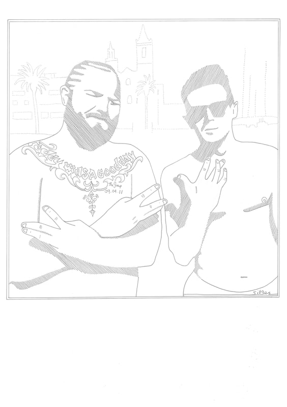 Line drawing of two men both topless on the beach. One on the left large and bearded with a Mexican style chest tattoo. The other slim and wearing glasses.